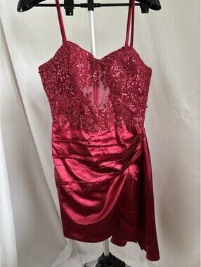 SATIN SEQUENCE EMBELLISHED MINI DRESS WITH CORSET BODICE BURGUNDY/WINE RED